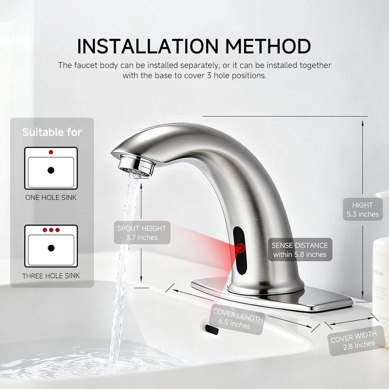 banhao Touchless Bathroom Sink Faucet Automatic Motion Sensor Hands Free Faucet with Hole Cover Plate Water Valve,Commercial Solid Brass Faucet,1 Hole or 3 Hole,Brushed Nickel - Image 4